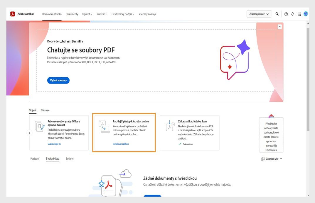 Karta Objevit na webové domovské stránce Acrobat zobrazuje kartu pro instalaci aplikace Acrobat na webu.