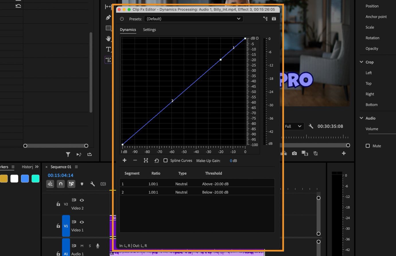 El panel de efecto de Procesamiento dinámico abierto en premiere pro, mostrando una curva de compresión lineal y ajustes para el umbral y la relación.