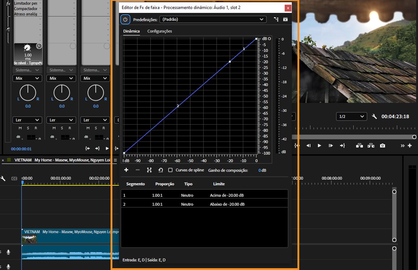 O painel do efeito “Processamento dinâmico” aberto no Premiere Pro, mostrando uma curva de compressão linear e configurações de limite e proporção.