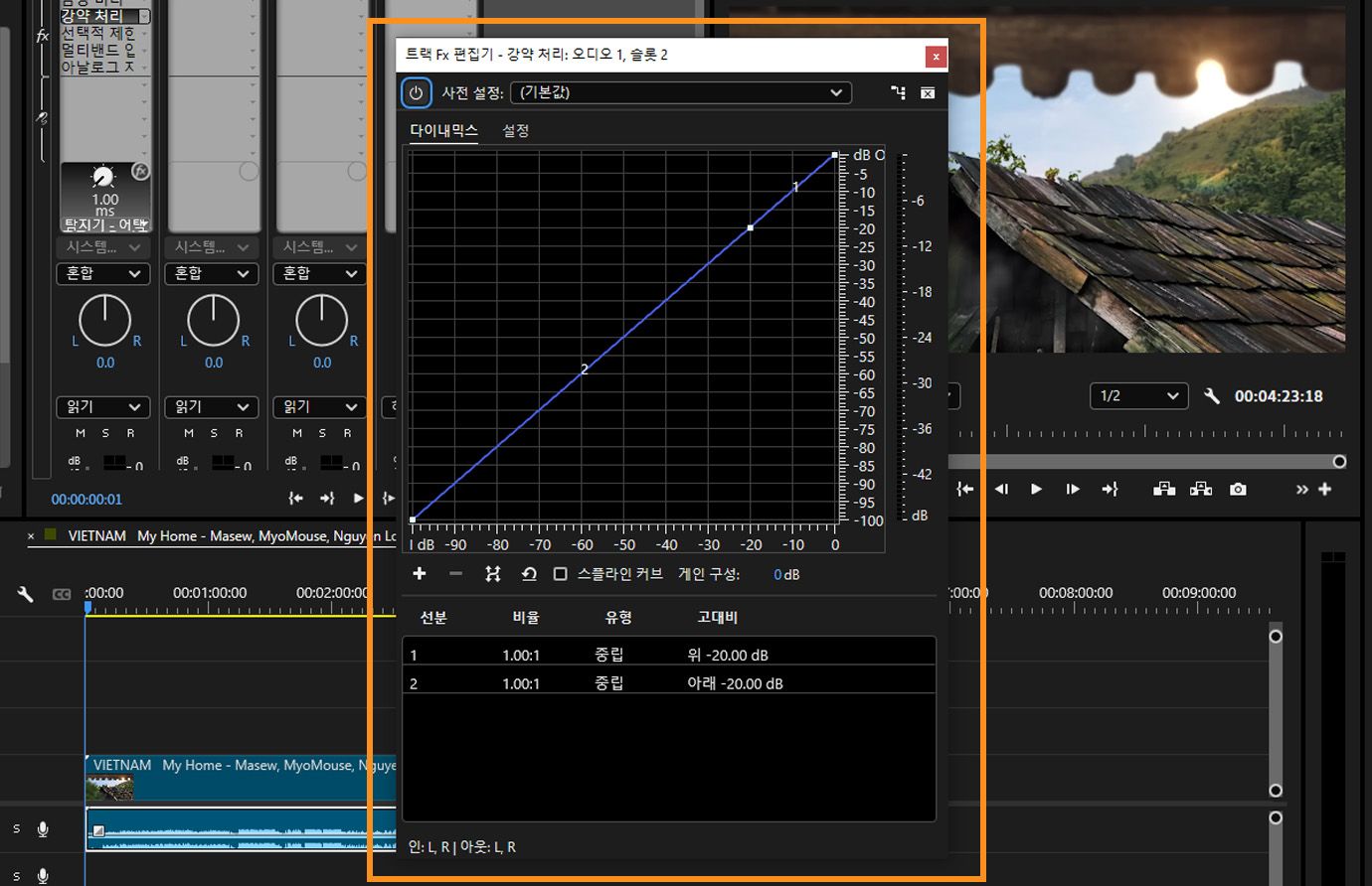 Premiere Pro에서 열린 동적 처리 효과 패널로, 선형 압축 곡선과 임계값 및 비율 설정을 보여줍니다.