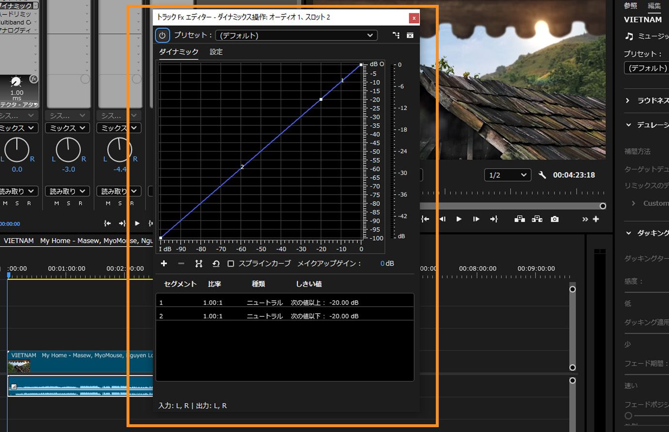 Premiere Pro でダイナミックス操作エフェクトパネルが開き、リニア圧縮カーブとしきい値、比率の設定が表示されます。