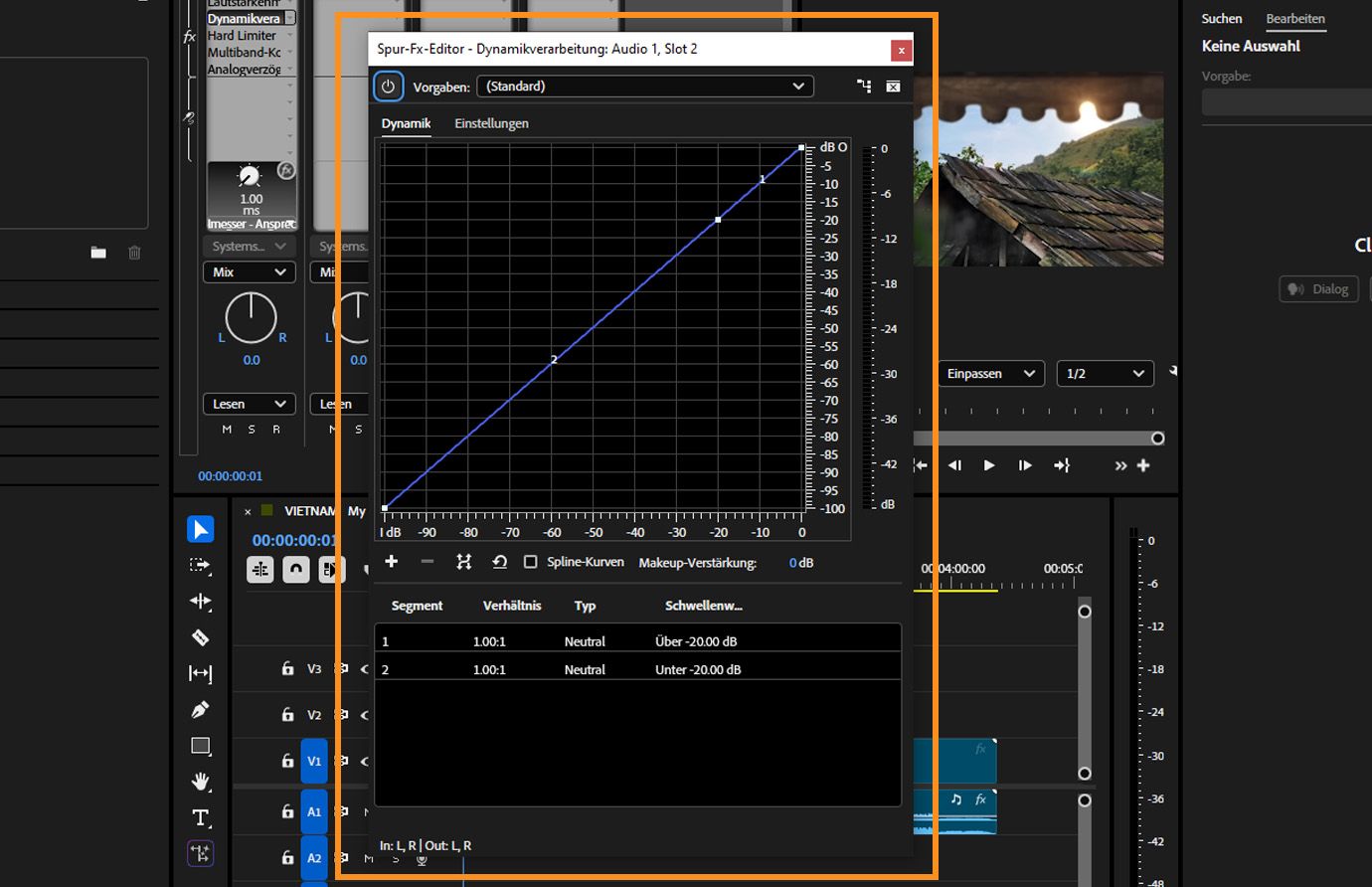 Das geöffnete Bedienfeld des Dynamics Processing-Effekts in Premiere Pro zeigt eine lineare Kompressionskurve und Einstellungen für Schwellenwert und Verhältnis.