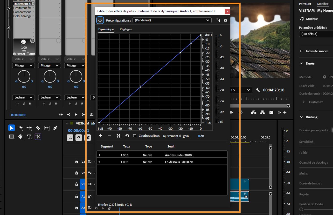 Le panneau de l’effet Traitement dynamique ouvert dans Premiere Pro, montrant une courbe de compression linéaire et des paramètres de seuil et de taux.