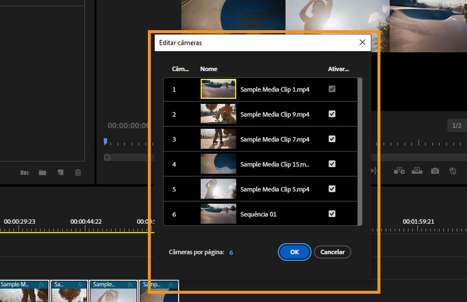 A caixa de diálogo Editar câmeras está aberta e há uma opção onde você pode reorganizar a ordem das câmeras e ativá-las ou desativá-las.