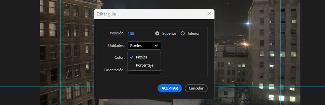 El diálogo Editar guía está abierto y el menú desplegable Unidades está abierto, con opciones para seleccionar Píxeles o Porcentaje.