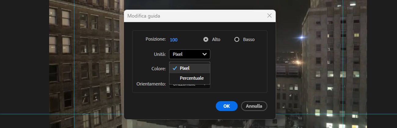 La finestra di dialogo Modifica Guida è aperta e il menu a discesa Unità è aperto, con options per selezionare pixel o Percentuale.