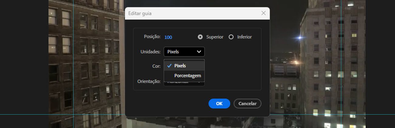 A caixa de diálogo Editar Guia está aberta, e o menu suspenso Unidades está aberto, com as opções para selecionar Pixels ou Porcentagem.