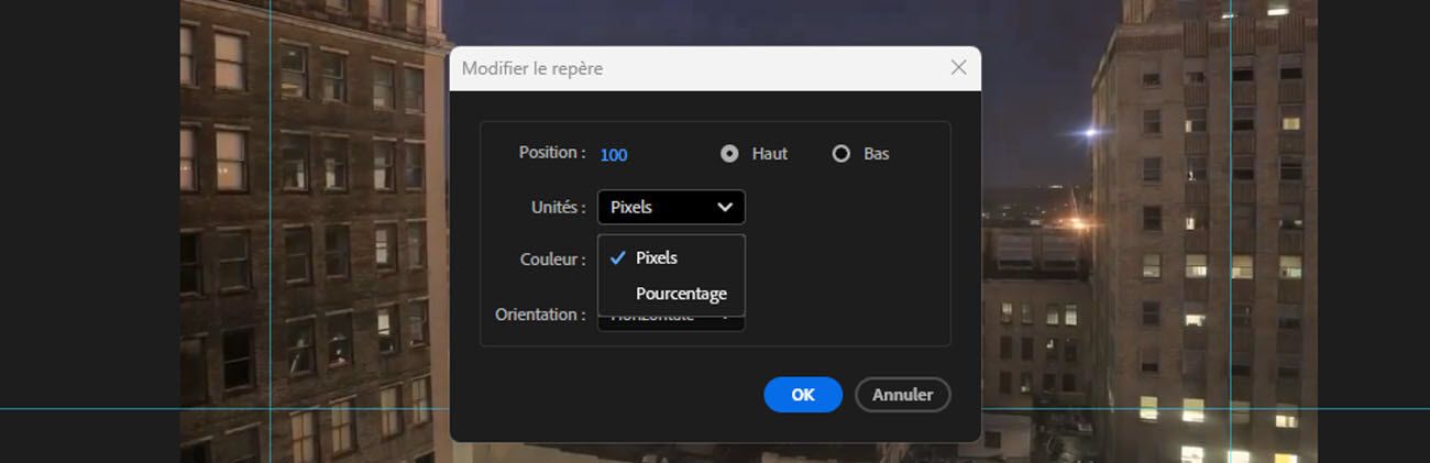 La boîte de dialogue Modifier le guide est ouverte, et le menu déroulant Unités est ouvert, avec des options pour sélectionner Pixels ou Pourcentage.