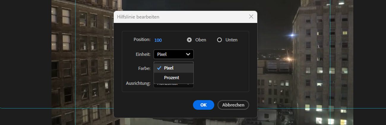 Das Dialogfenster „Hilfslinie bearbeiten“ ist geöffnet und das Dropdown-Menü „Einheiten“ ist geöffnet, mit Optionen zur Auswahl von Pixels oder Prozent.
