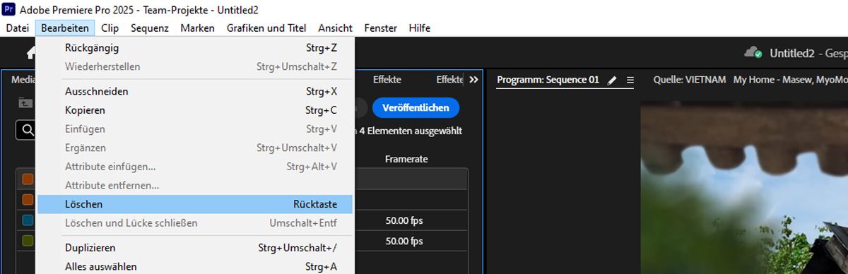Das Menü „Bearbeiten&quot; ist geöffnet, und aus den verfügbaren Optionen wird „Löschen&quot; ausgewählt, um die markierten Keyframes zu löschen.