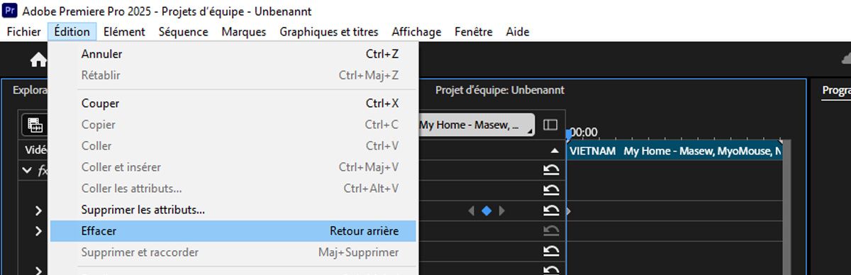 Le menu Édition est ouvert et, parmi les options disponibles, Effacer est choisi pour supprimer les images clés sélectionnées.