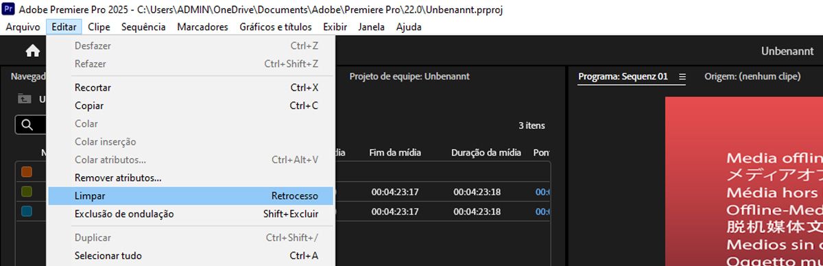 O menu Editar está aberto e, entre as opções disponíveis, Limpar é escolhido para excluir os quadros-chave selecionados.