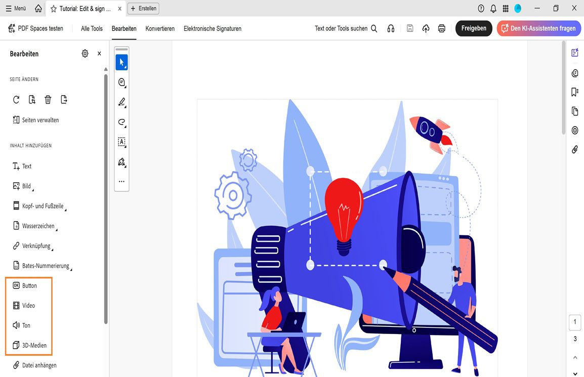Das Menü „Bearbeiten“ zeigt die Liste der Optionen zum Hinzufügen von Objekten wie Text, Bild, Wasserzeichen und mehr.