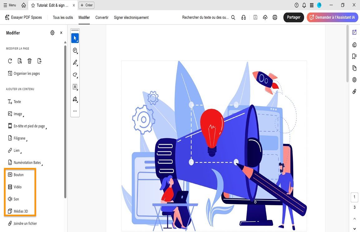 Le menu Modifier présente la liste des options permettant d’ajouter des objets tels que du texte, une image, un filigrane et plus encore.