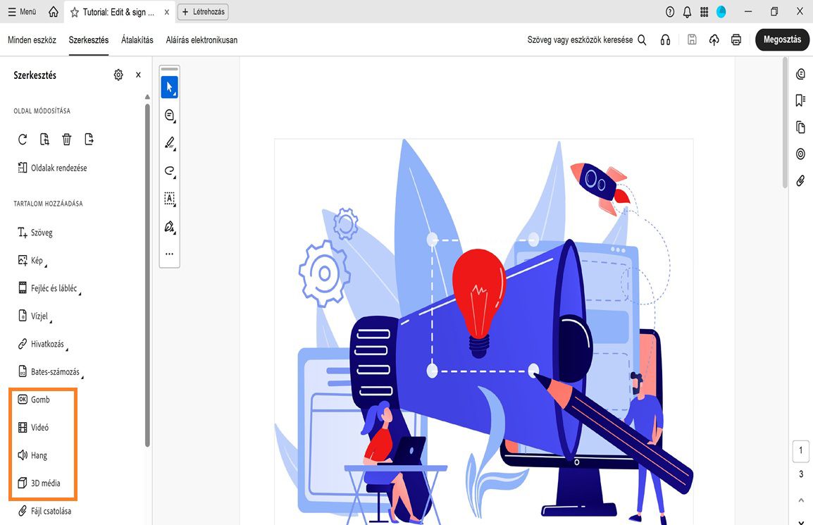 A Szerkesztés menü megjeleníti az objektumok hozzáadásának lehetőségeit, például Szöveg, Kép, Vízjel és egyebek.