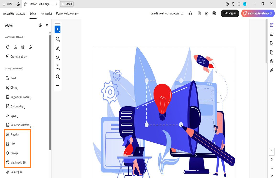 Menu Edycja zawiera listę opcji dodawania obiektów, takich jak Tekst, Obraz, Znak wodny i nie tylko.