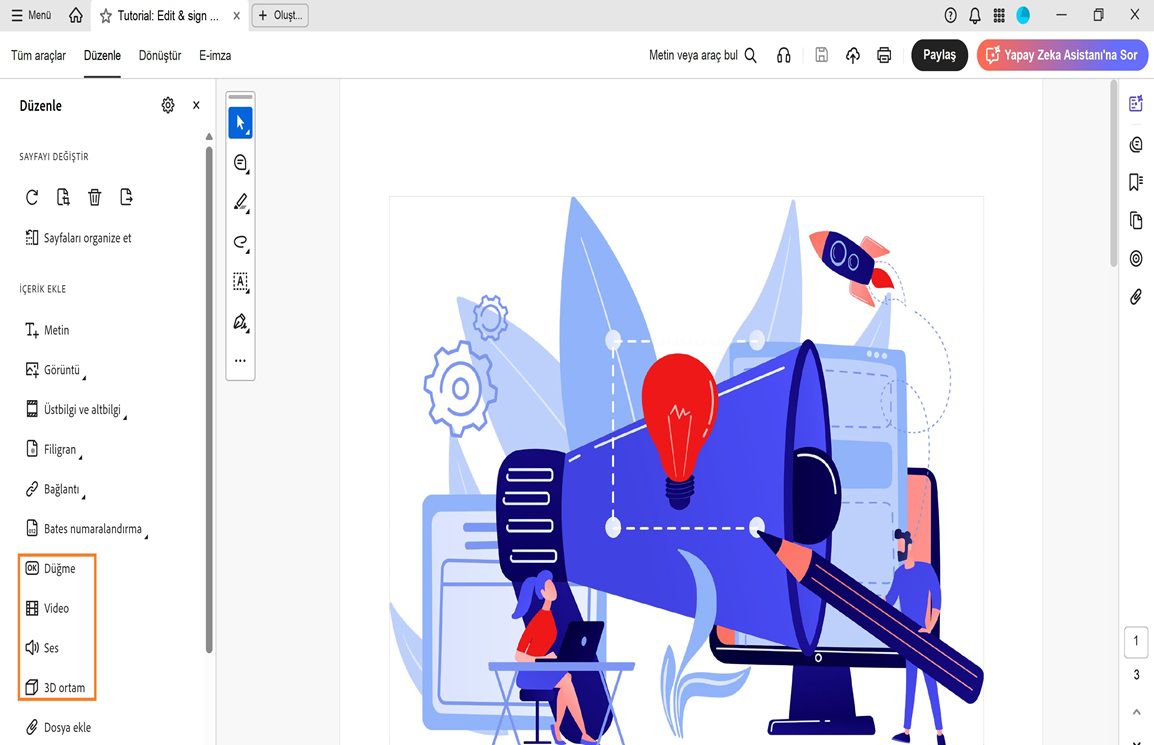 Düzenle menüsü, Metin, Görüntü, Filigran ve daha fazlası gibi nesneleri ekleme seçeneklerinin listesini gösterir.