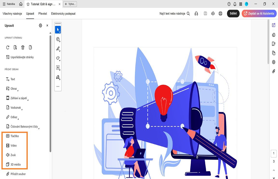 Nabídka Upravit zobrazuje seznam možností pro přidání objektů, jako je Text, Obrázek, Vodoznak a další.