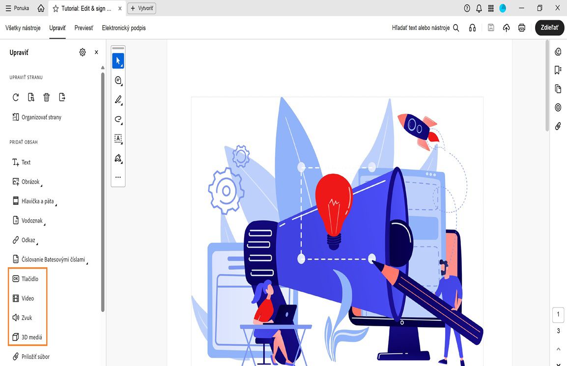 Ponuka Upraviť zobrazuje zoznam možností na pridávanie objektov, ako sú Text, Obrázok, Vodoznak a ďalšie.