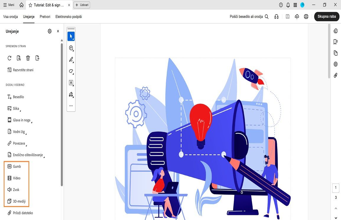 V meniju Urejanje je prikazan seznam možnosti za dodajanje predmetov, kot so besedilo, slika, vodni žig in drugo.