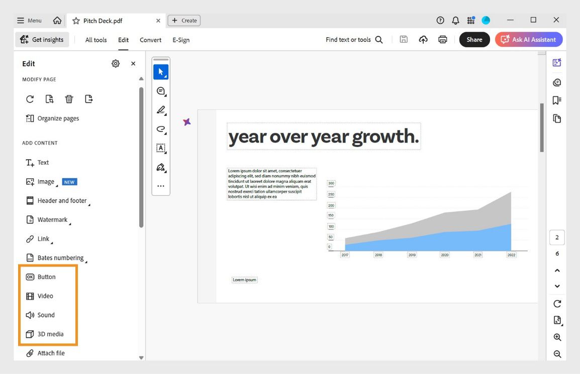 تعرض قائمة التحرير قائمة بالخيارات لإضافة عناصر مثل النص والصورة والعلامة المائية والمزيد.