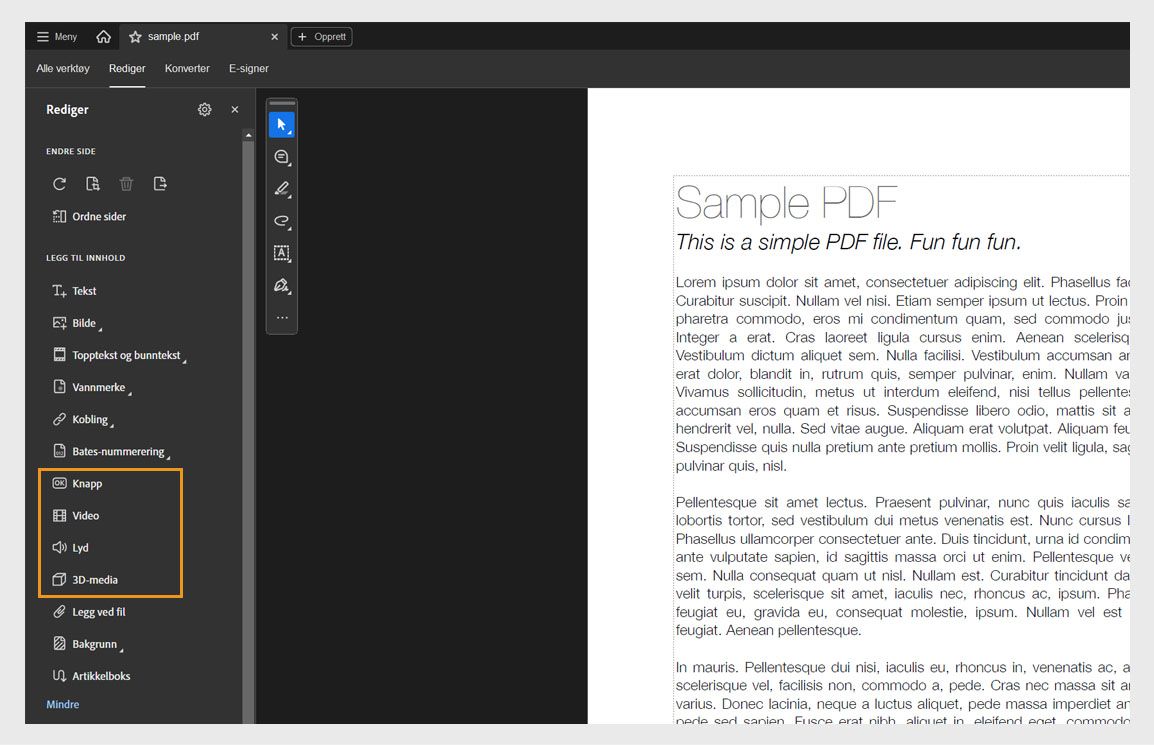 Rediger-menyen viser listen over alternativer for å legge til objekter som tekst, bilde, vannmerke og mer.