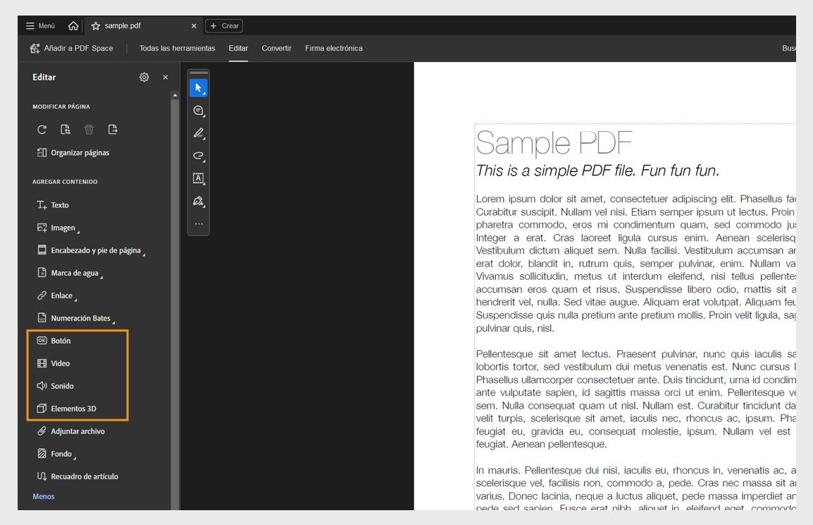 El menú Editar muestra la lista de opciones para añadir objetos como Texto, Imagen, Marca de agua y más.