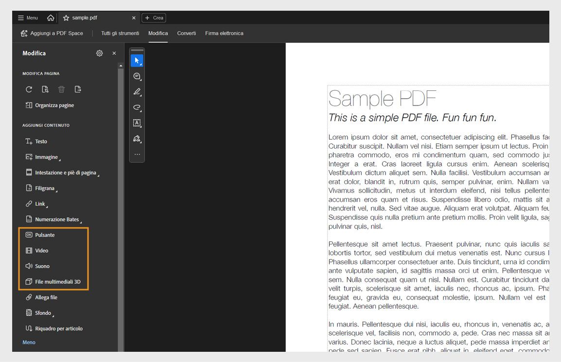 Il menu Modifica mostra l’elenco delle opzioni per aggiungere oggetti come testo, immagine, filigrana e altro.