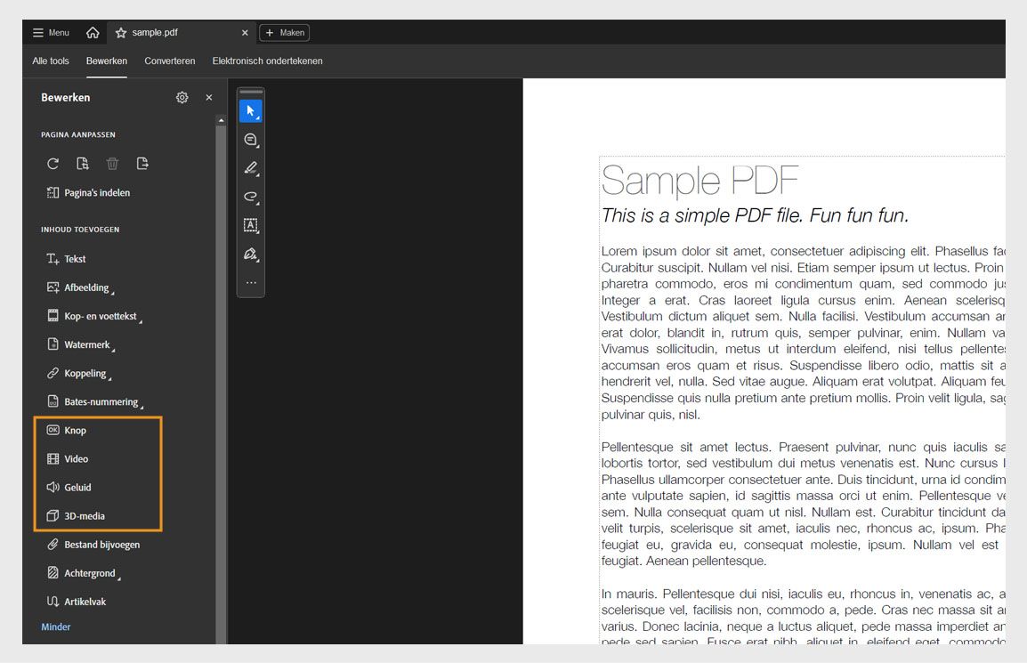 Het menu Bewerken toont de lijst met opties voor het toevoegen van objecten zoals tekst, afbeelding, watermerk en meer.