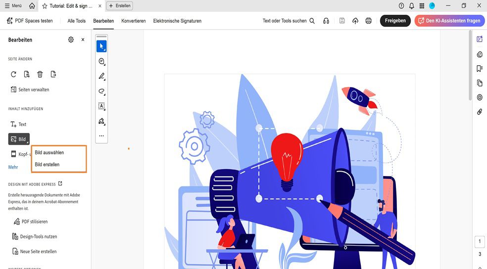 Der Bereich „Bearbeiten“ zeigt das Dialogfeld „Bild“ an, das zwei Optionen zum Hinzufügen von Bildern bietet: „Bild auswählen“ und „Bild erstellen“.