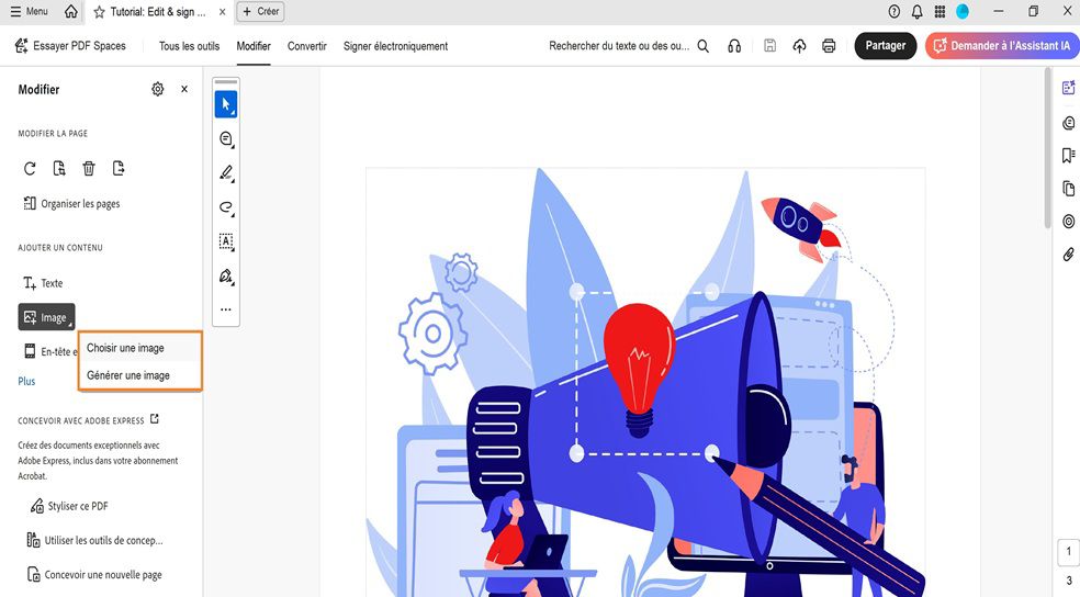 Le panneau Modifier affiche la boîte de dialogue Image, qui propose deux options pour ajouter des images : Choisir une image et Générer une image.