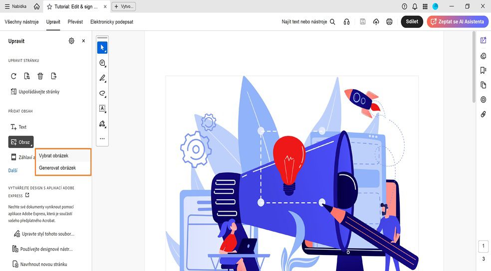 Panel Upravit zobrazuje dialogové okno Obrázek, které nabízí dvě možnosti pro přidání obrázků: Vybrat obrázek a Generovat obrázek.