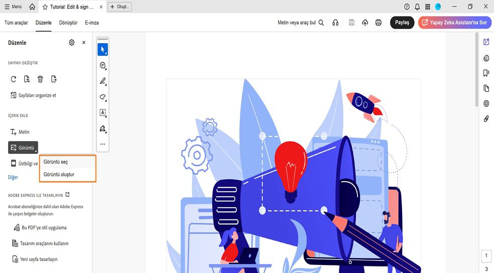Düzenle paneli, görüntü eklemenin iki seçeneği olan Görüntü seç ve Görüntü oluştur seçeneklerini içeren Görüntü iletişim kutusunu görüntüler.