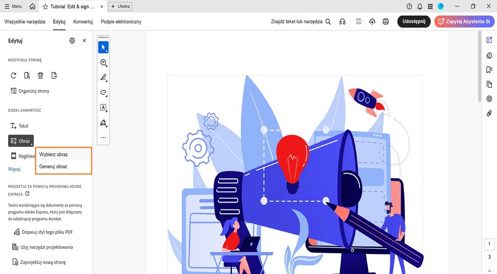 Panel Edycja wyświetla okno dialogowe Obraz, które ma dwie opcje dodawania obrazów: Wybierz obraz i Generuj obraz.