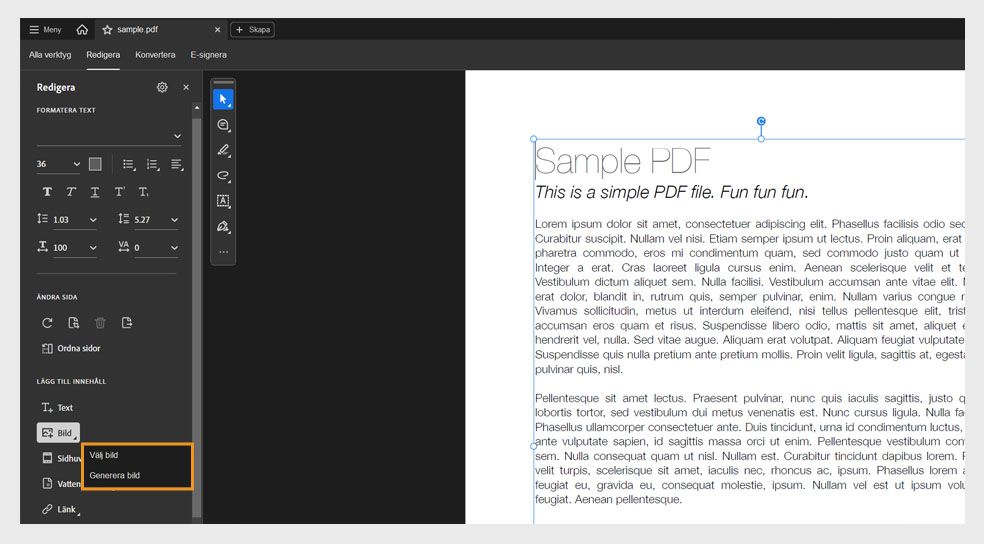 Panelen Redigera visar dialogrutan Bild, som har två alternativ för att lägga till bilder: Välj bild och Generera bild.