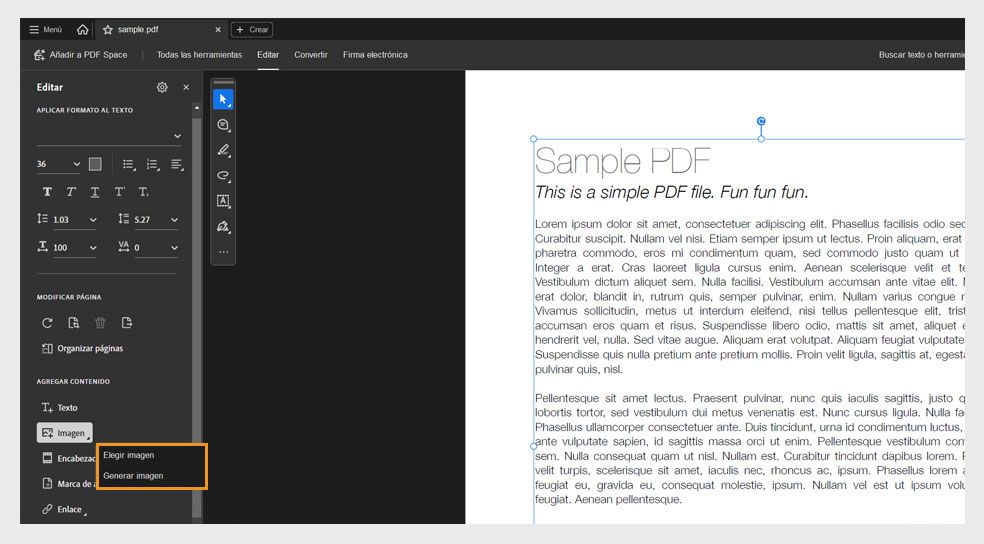 El panel Editar muestra el cuadro de diálogo Imagen, que tiene dos opciones para añadir imágenes: Elegir imagen y Generar imagen.