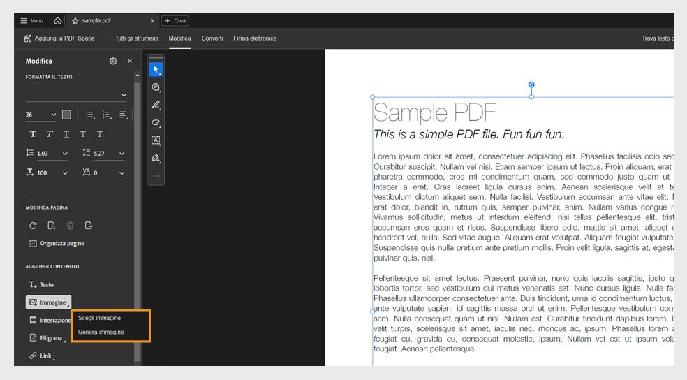 Il pannello Modifica mostra la finestra di dialogo Immagine, che offre due opzioni per aggiungere immagini: Scegli immagine e Genera immagine.