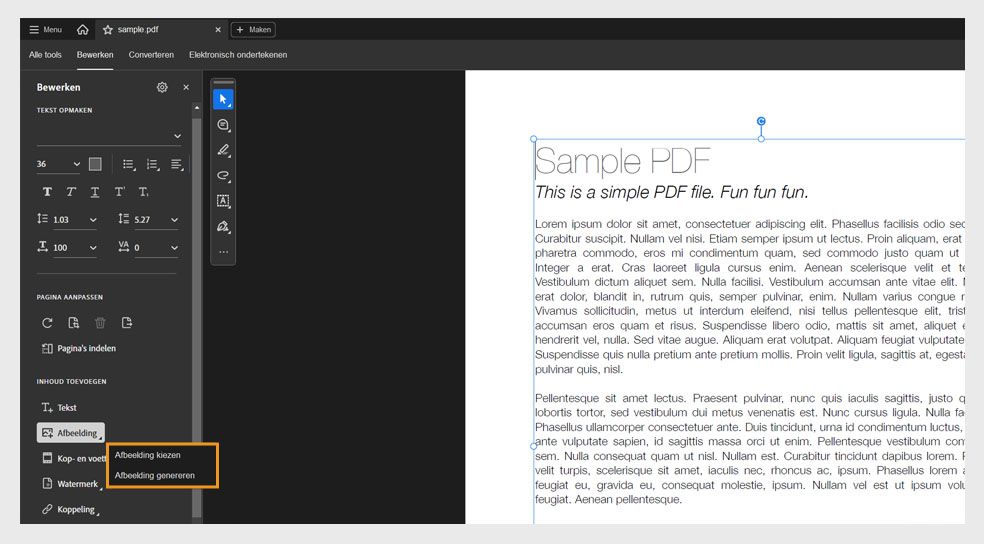 In het deelvenster Bewerken wordt het dialoogvenster Afbeelding weergegeven. Hierin vindt u twee opties voor het toevoegen van afbeeldingen: Afbeelding kiezen en Afbeelding genereren.