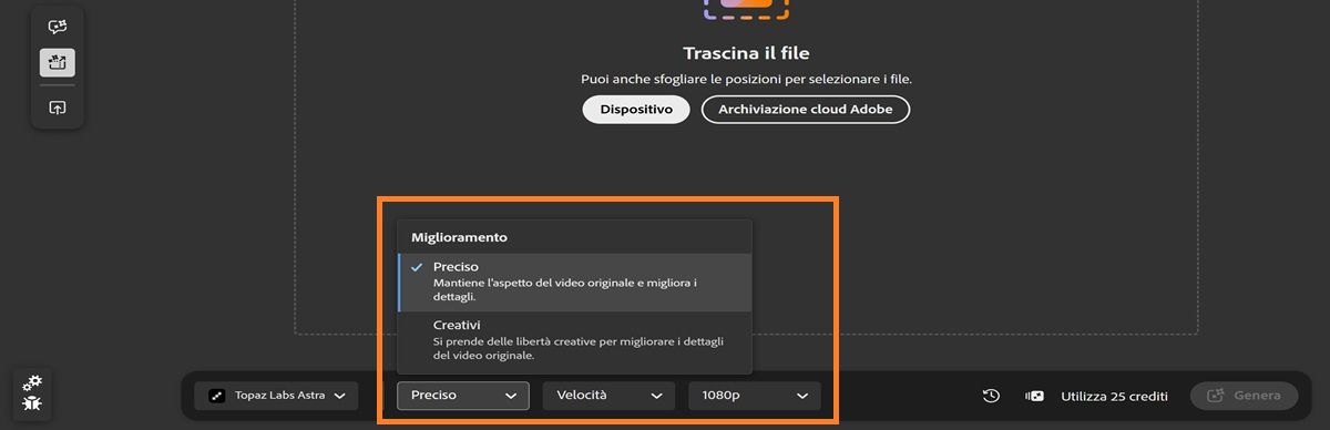 La scheda Modifica è aperta e mostra le opzioni di ingrandimento del video, come Miglioramento, Dettagli e Risoluzione.