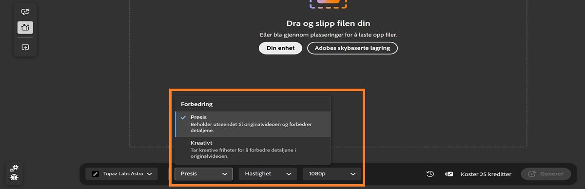 Rediger-fanen er åpen og viser videooppskaleringsalternativer, som Forbedring, Detaljer og Oppløsning.