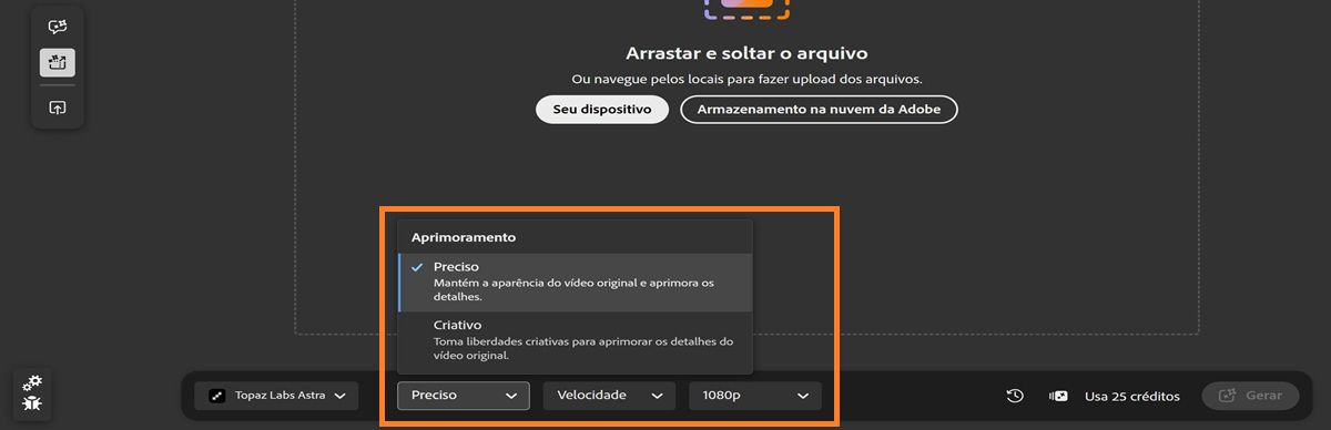 A guia Editar está aberta e exibe opções de aprimoramento de vídeo, como Aprimoramento, Detalhes e Resolução.