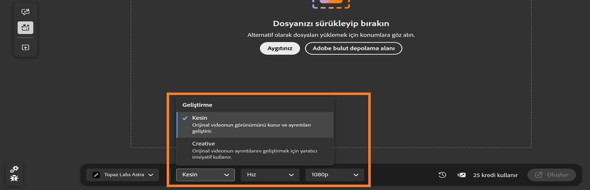 Düzenle sekmesi açık ve Geliştirme, Ayrıntılar ve Çözünürlük gibi video yükseltme seçeneklerini görüntülüyor.