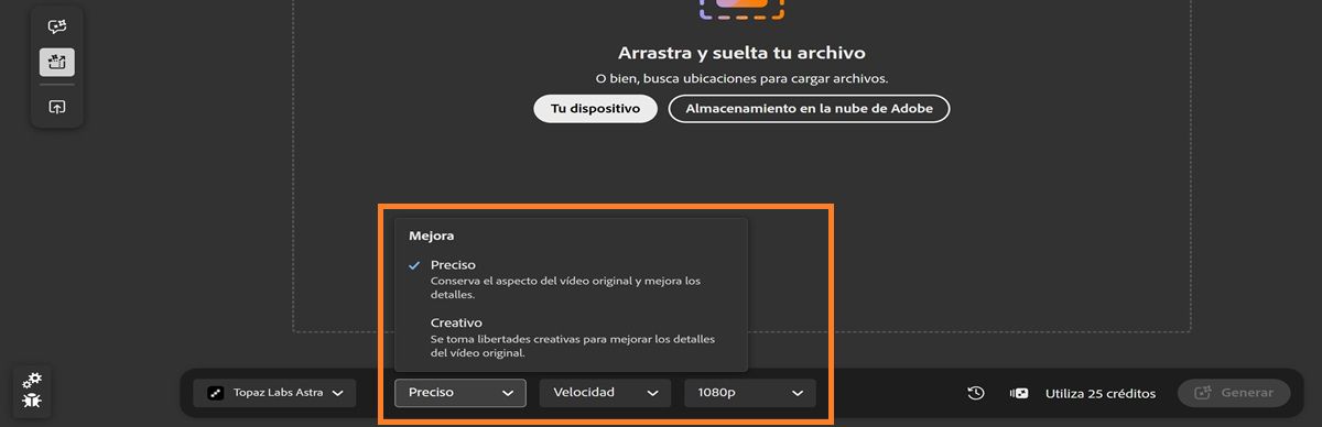 La pestaña Editar está abierta y muestra las opciones de escalado de vídeo, como Mejora, Detalles y Resolución.
