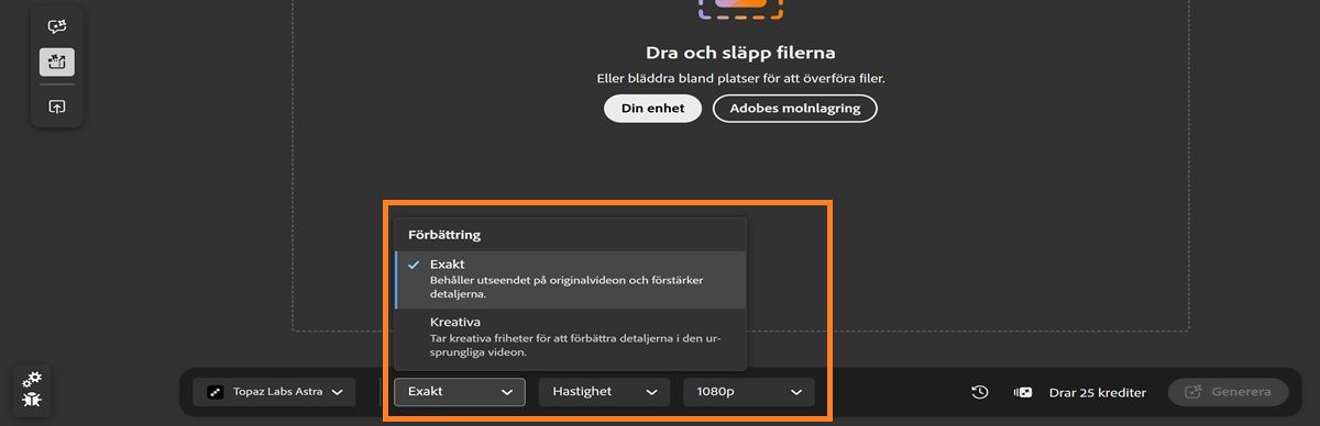 Fliken Redigera är öppen och visar uppskalningsalternativ för video, såsom Förbättring, Detaljer och Upplösning.