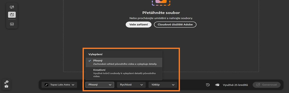 Karta Upravit je otevřená a zobrazuje možnosti zlepšení rozlišení videa, jako jsou Vylepšení, Detaily a Rozlišení.