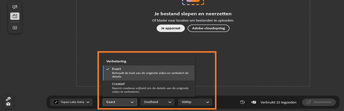 Het tabblad Bewerken is geopend en toont opties voor het opschalen van video's, zoals Verbetering, Details en Resolutie.