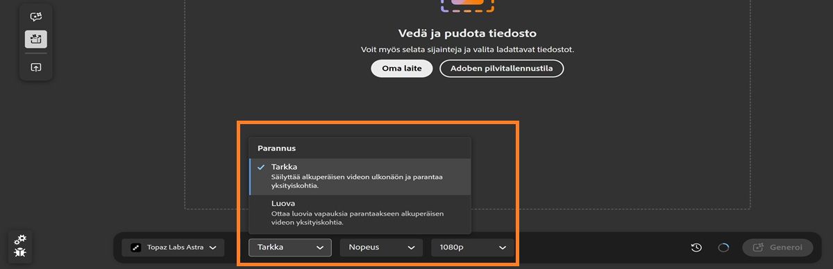 Muokkaa-välilehti on auki ja näyttää videon skaalausvaihtoehdot, kuten Parannus, Yksityiskohdat ja Resoluutio.