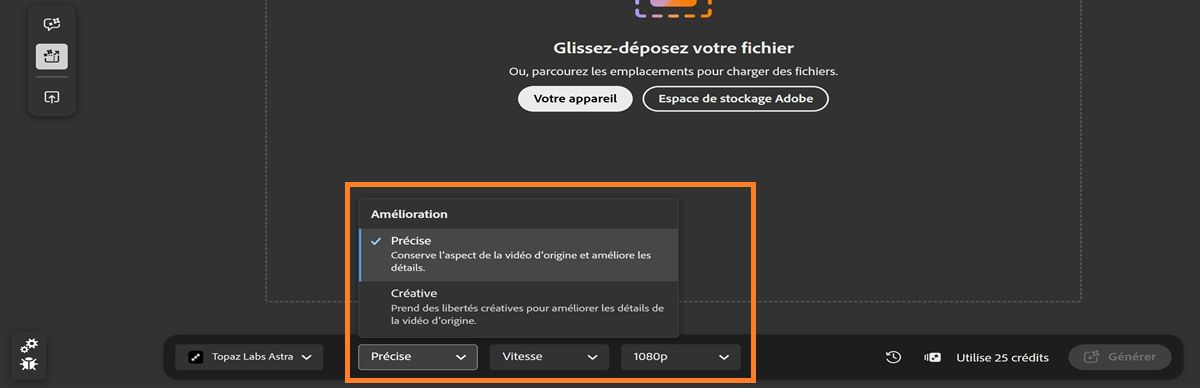 L’onglet Modifier est ouvert et affiche les options d’augmentation de la résolution de la vidéo, notamment Amélioration, Détails et Résolution.