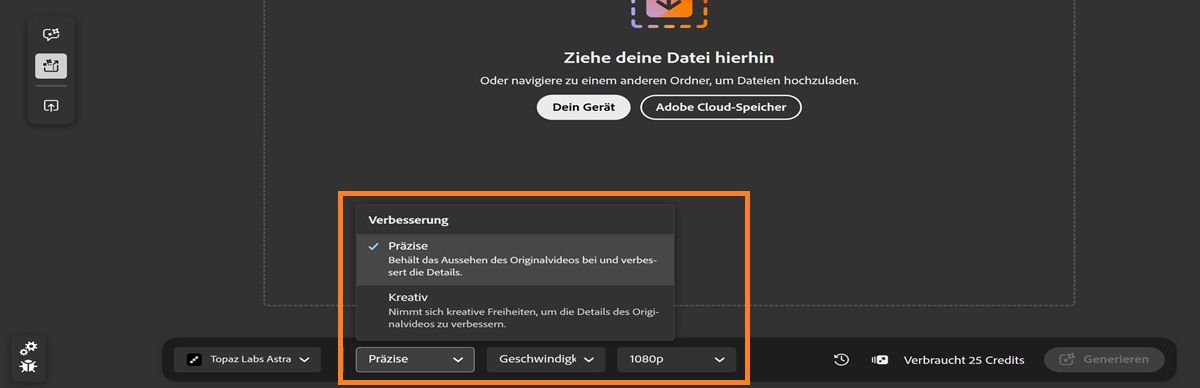 Die Registerkarte „Bearbeiten“ ist geöffnet und zeigt Video-Hochskalierungsoptionen wie Verbesserung, Details und Auflösung.