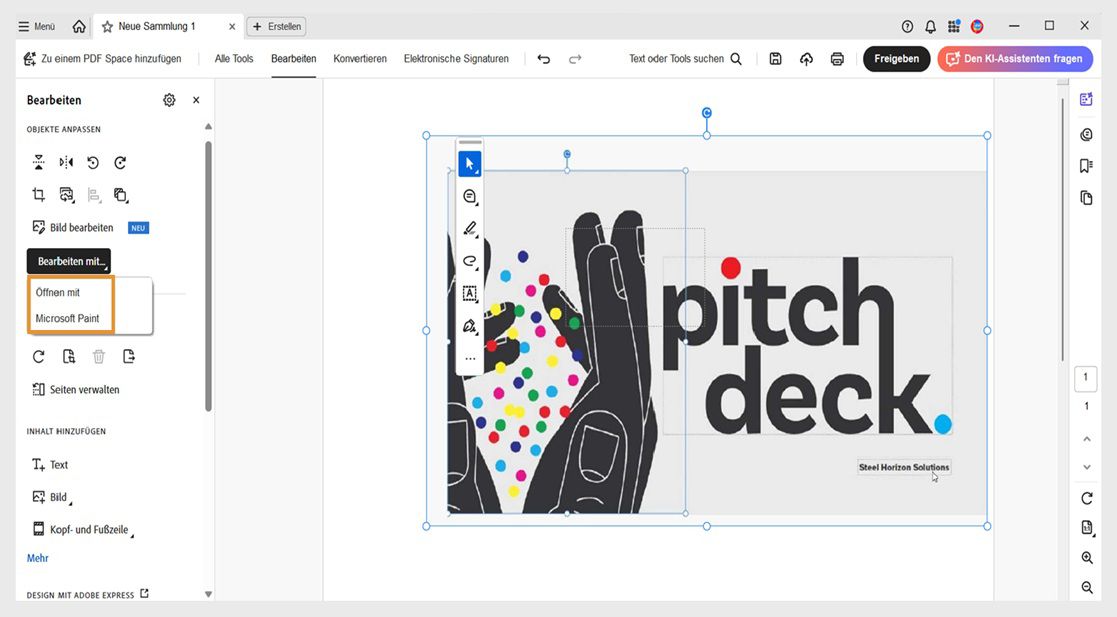 Das Menü „Bearbeiten mit“ im Bedienfeld „Bearbeiten“ zeigt zwei Optionen an: „Öffnen mit“ und „Microsoft Paint“.